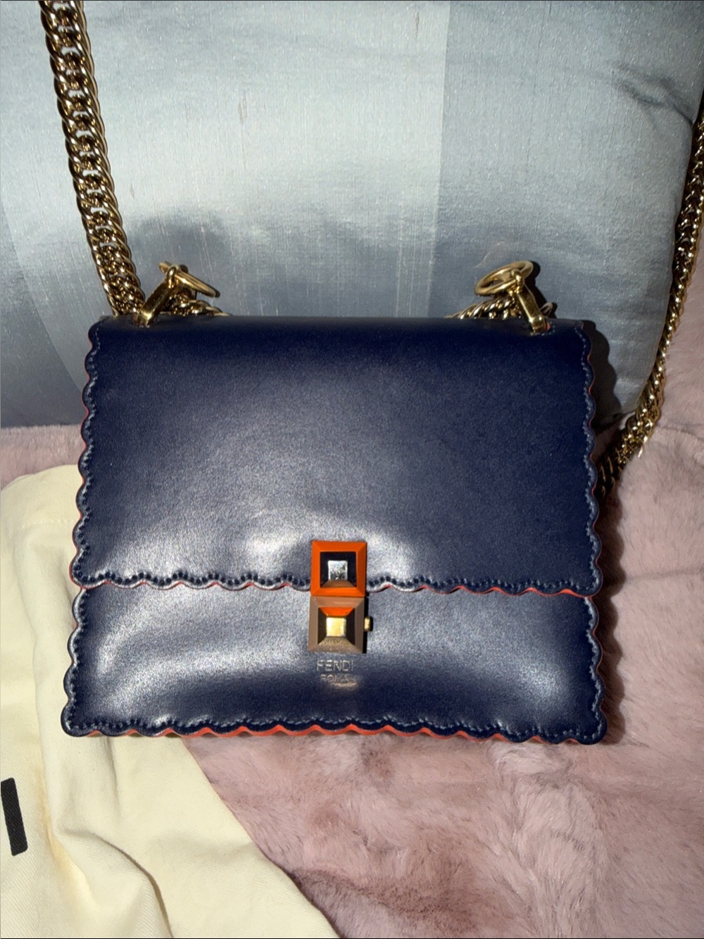 Fendi Kan I Navy Leather Crossbody with Gold Chain and Orange Trim